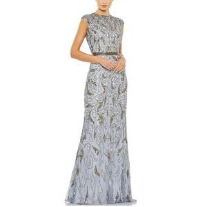 NWT Mac Duggal Sequined Illusion Cap Sleeve Blue Silver Gold Gown Dress Size 2